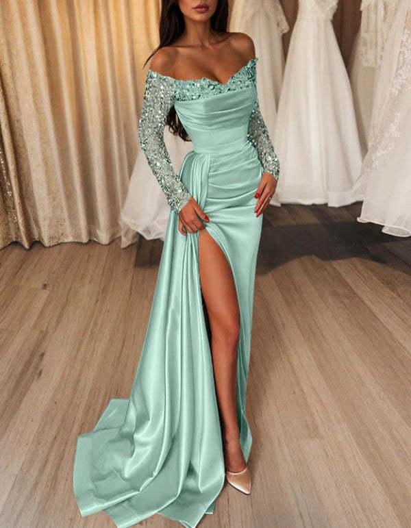 Off-the-Shoulder Floor-Length Prom Dress with Side Split and Sequins