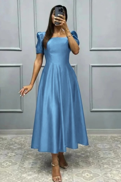 Elegant Square A Line High Waist Pleated Prom Dress With Short Sleeves