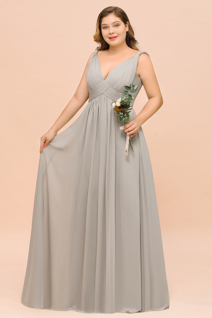 BMbridal Plus Size Chiffon V-neck Sleeveless Affordable Bridesmaid Dress with Ruffle-BMbridal