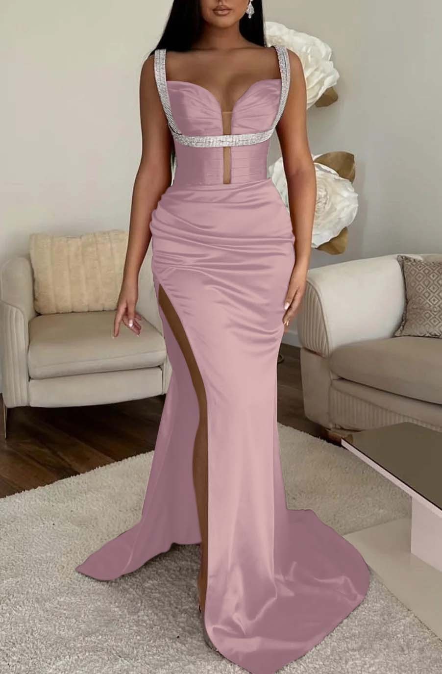 Mermaid Prom Dress Spaghetti Strap Fuchsia With High Split Sleeveless