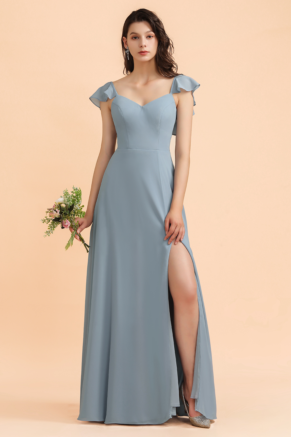 BMbridal Fashion Dusty Blue Chiffon Sweetheart Slit Bridesmaid Dress with Ruffles Online-BMbridal
