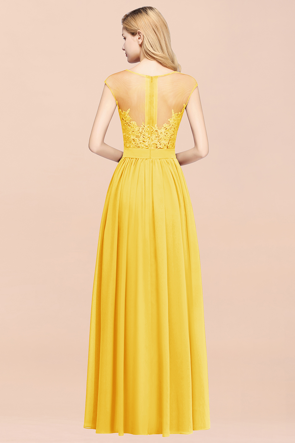 BMbridal Affordable Scoop Lace Appliques Yellow Bridesmaid Dresses with Slit-BMbridal