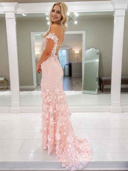 3D Floral Lace Off the Shoulder Corset Long Prom Dress with Slit
