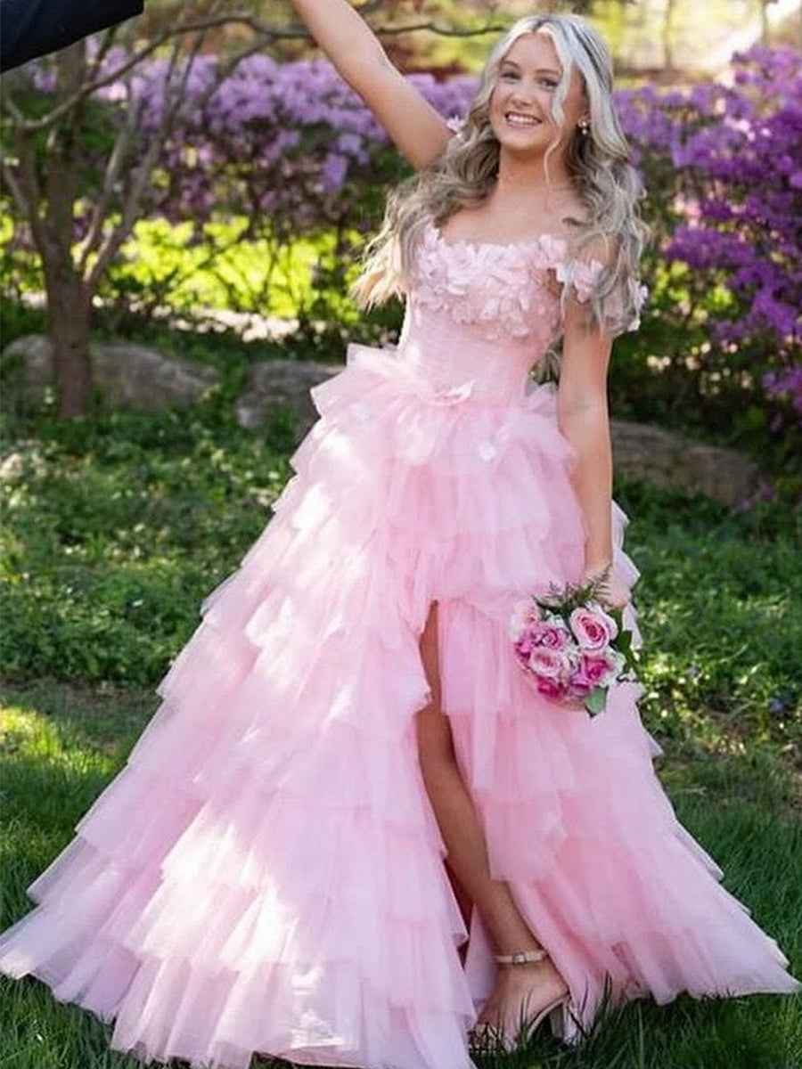 3D Floral Lace Off-the-Shoulder Ruffle Tiered Prom Dress