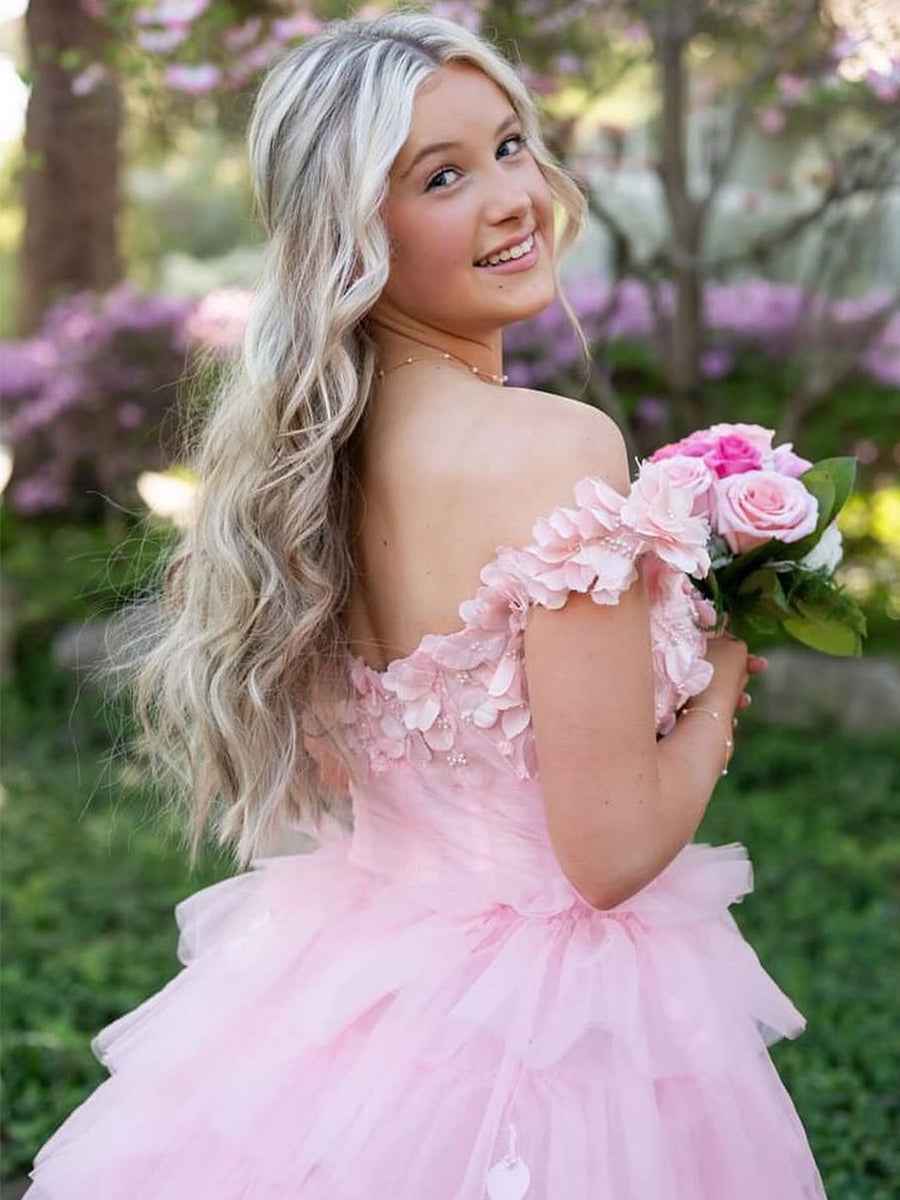 3D Floral Lace Off-the-Shoulder Ruffle Tiered Prom Dress
