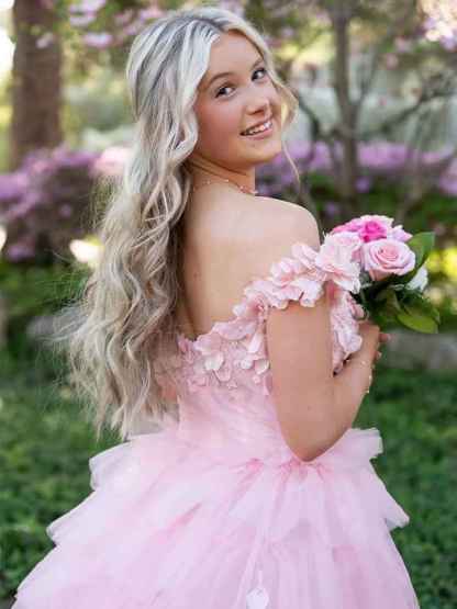 3D Floral Lace Off-the-Shoulder Ruffle Tiered Prom Dress