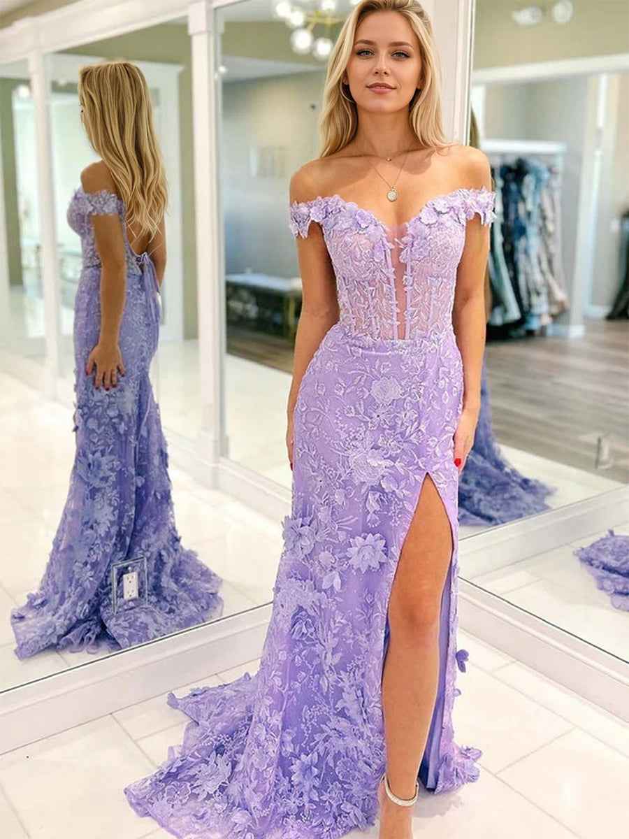 3D Floral Lace Off the Shoulder Corset Long Prom Dress with Slit