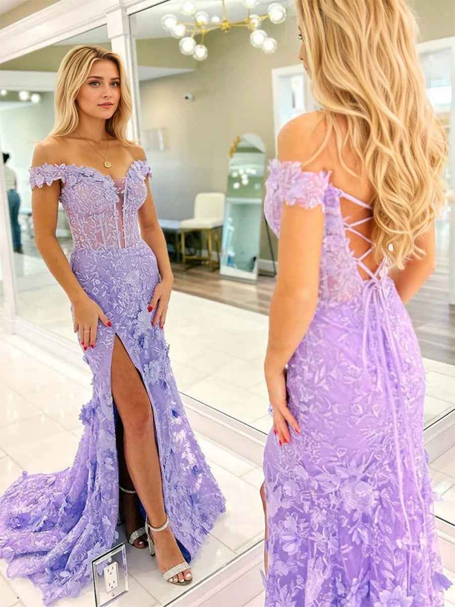 3D Floral Lace Off the Shoulder Corset Long Prom Dress with Slit