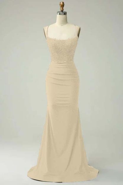 Spaghetti Strap Sleeveless Long Mermaid Prom Dress With Appliques