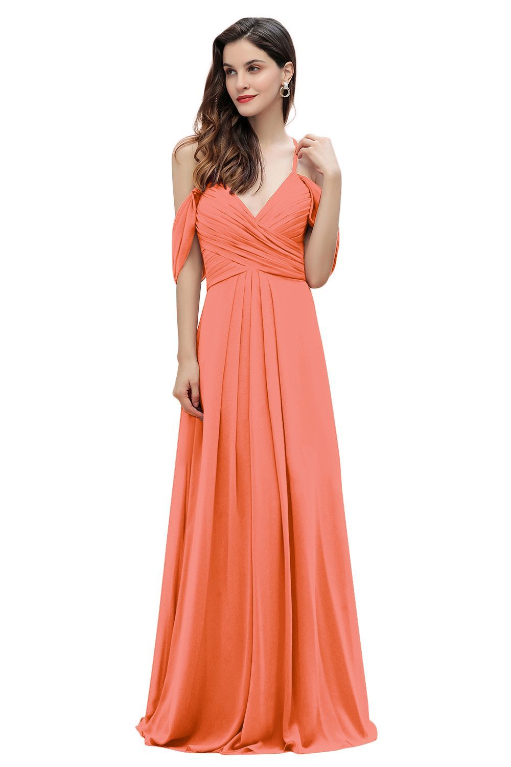 Elegant A-line Off-the-Shoulder V-neck Ruched Long Bridesmaid Dress-BMbridal