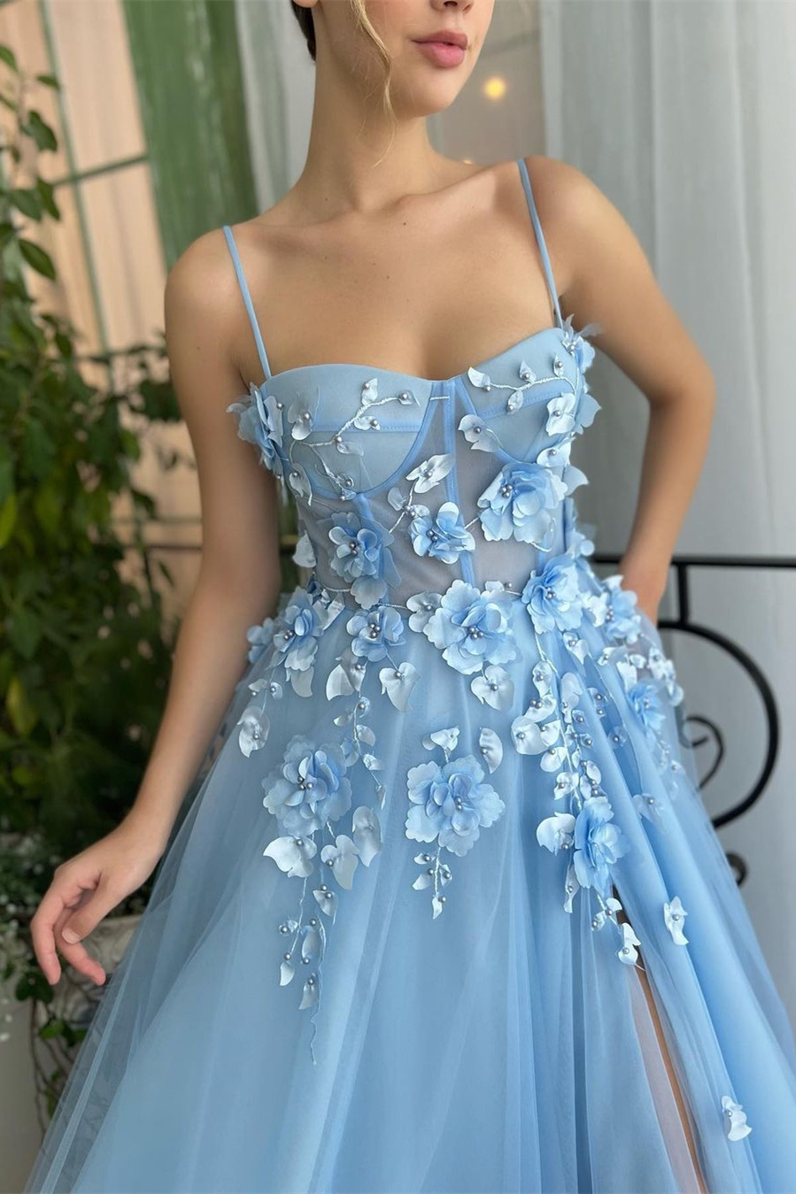 Baby Blue Sweetheart Flowers Appliques Spaghetti Strap Prom Dress With Split