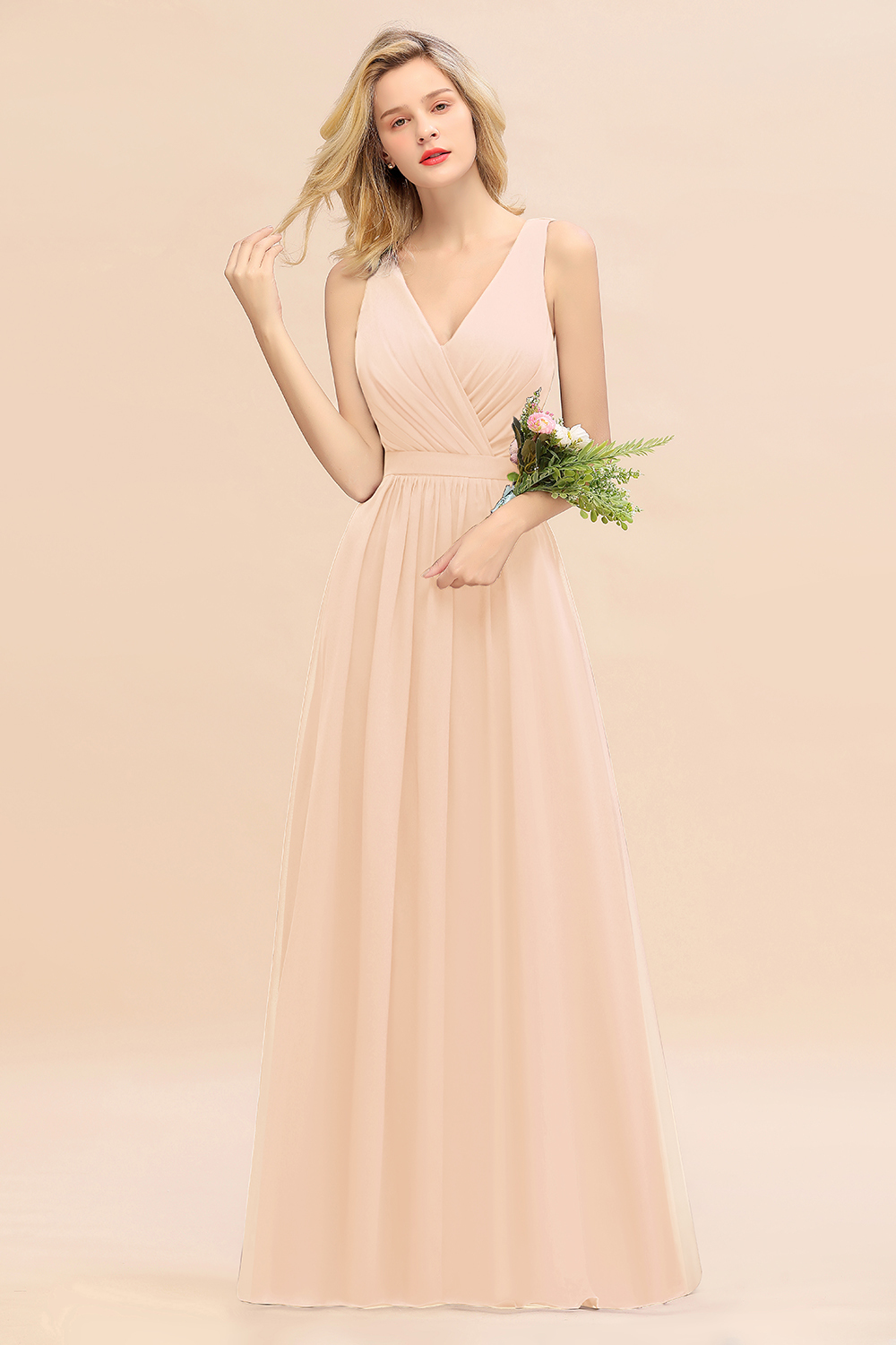 BMbridal Affordable V-Neck Ruffle Long Grape Chiffon Bridesmaid Dress with Bow-BMbridal