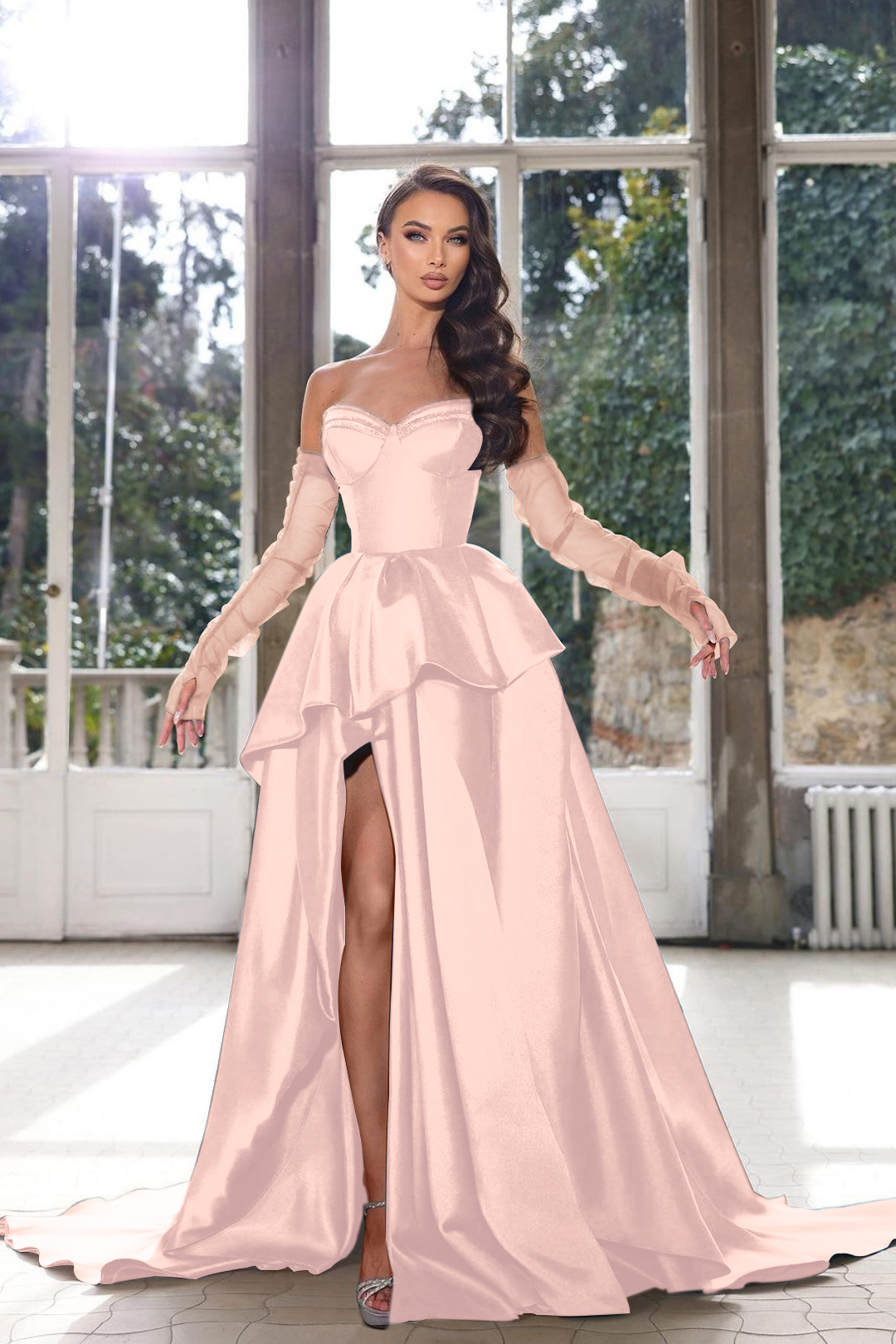 Glamorous Half Sleeves Ink Blue Prom Dress Strapless With High Split Gown