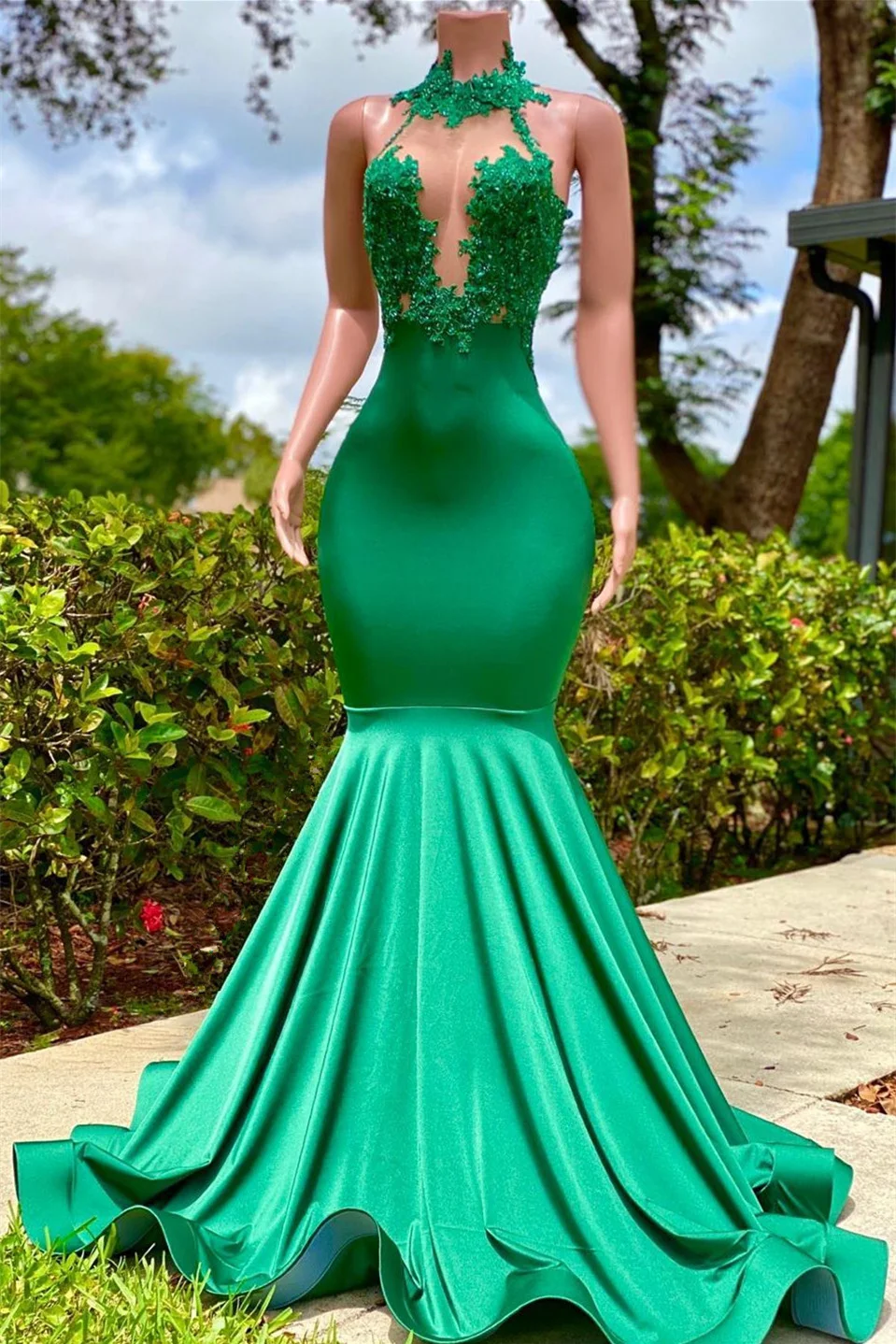 Halter Sleeveless Long Mermaid Prom Dress With Appliques Ruffles