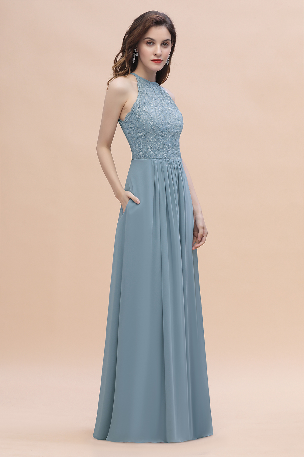 BMbridal Elegant Jewel Lace Appliques Dusty Blue Chiffon Bridesmaid Dress On Sale-BMbridal