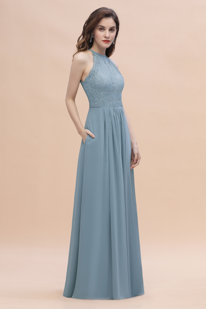 BMbridal Elegant Jewel Lace Appliques Dusty Blue Chiffon Bridesmaid Dress On Sale-BMbridal