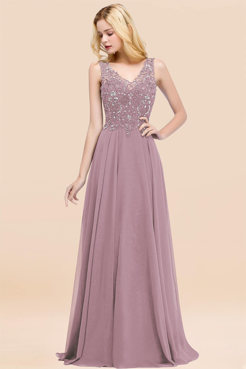 BMbridal Affordable Lace V-Neck Navy Bridesmaid Dresses With Appliques-BMbridal