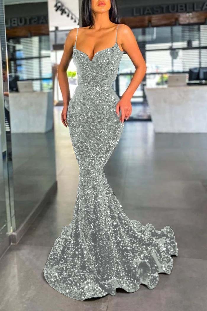 Spaghetti Strap Sleeveless Long Mermaid Prom Dress With Sequins