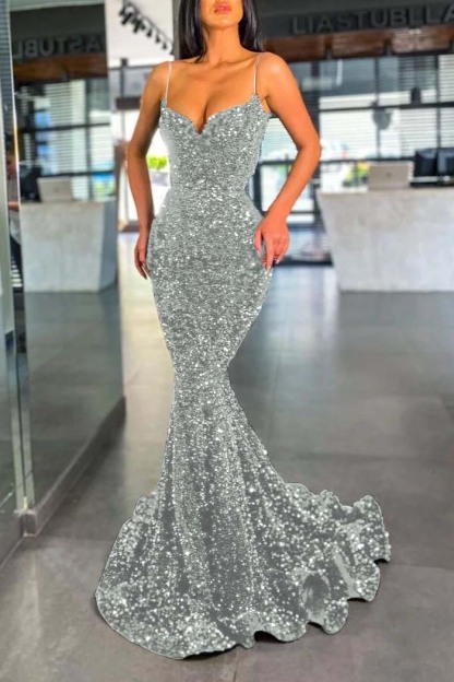 Spaghetti Strap Sleeveless Long Mermaid Prom Dress With Sequins