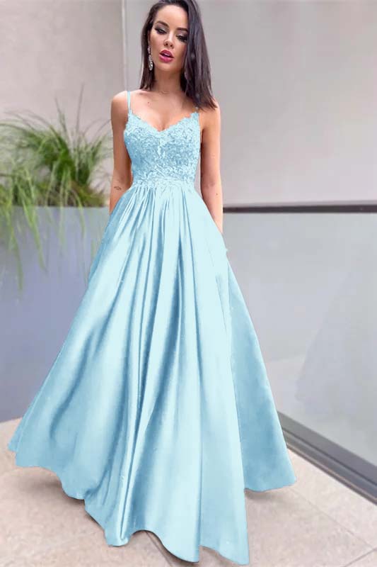 Royal Blue Sleeveless Lace A Line Long Prom Dress Appliques With Pockets