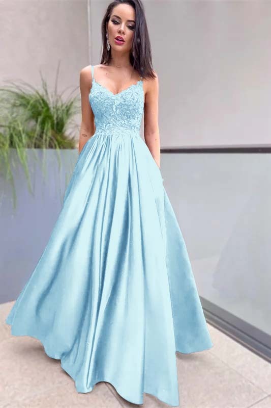 Royal Blue Sleeveless Lace A Line Long Prom Dress Appliques With Pockets