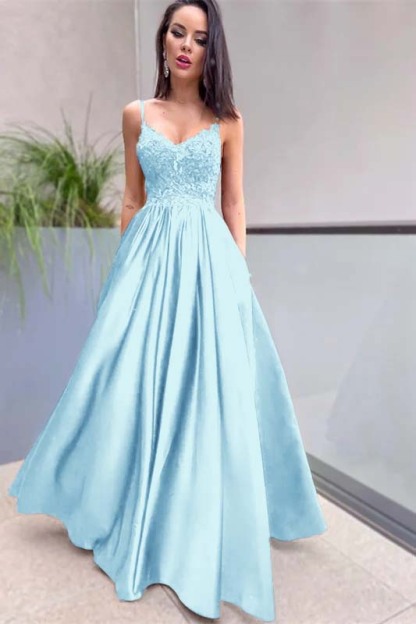 Royal Blue Sleeveless Lace A Line Long Prom Dress Appliques With Pockets