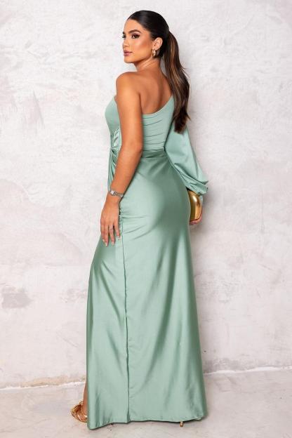 One Shoulder Long Sleeve Long Split Prom Dress With Pleated