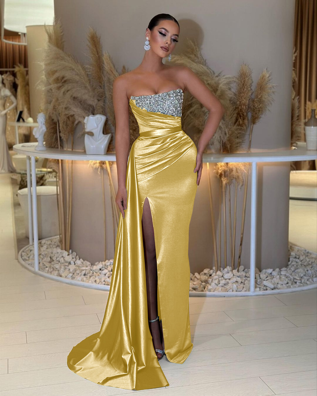 Charming Strapless Sleeveless Beading Sleeveless Split Prom Dress with Ruffles