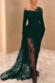 Elegant Lace Black Asymmetric With High Slit Gloves Long Prom Dress