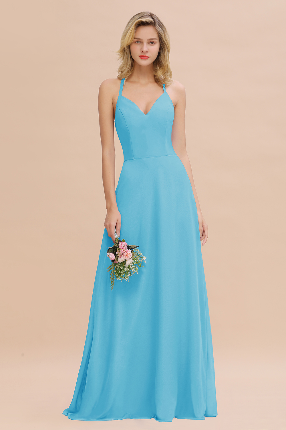 BMbridal Modest Halter V-Neck Sleeveless Long Bridesmaid Dresses Online-BMbridal