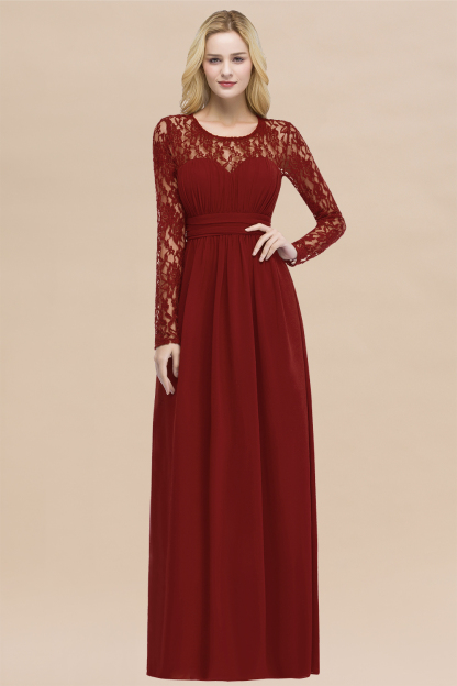 BMbridal Elegant Lace Burgundy Bridesmaid Dresses Online with Long Sleeves-BMbridal