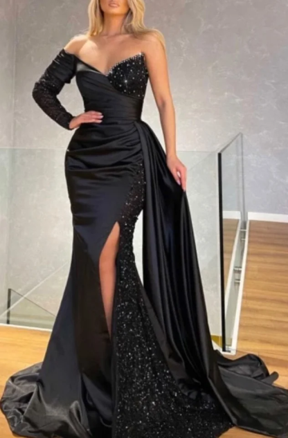 Long Sleeve Strapless Long Split Prom Dress With Pleated Sequins