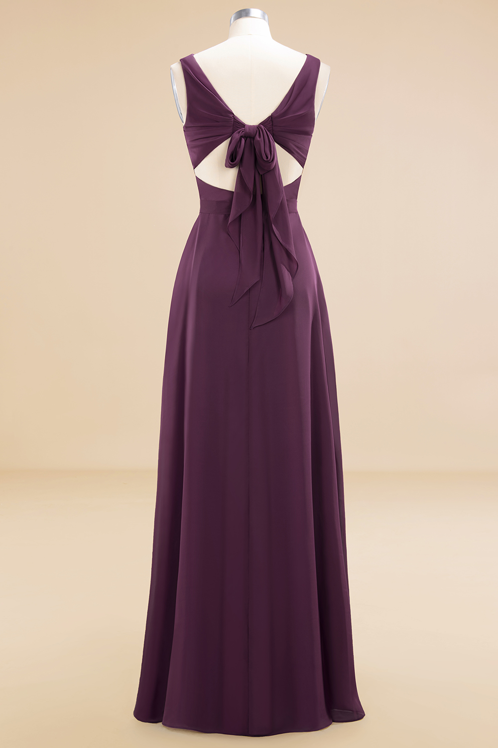 BMbridal Affordable V-Neck Ruffle Long Grape Chiffon Bridesmaid Dress with Bow-BMbridal