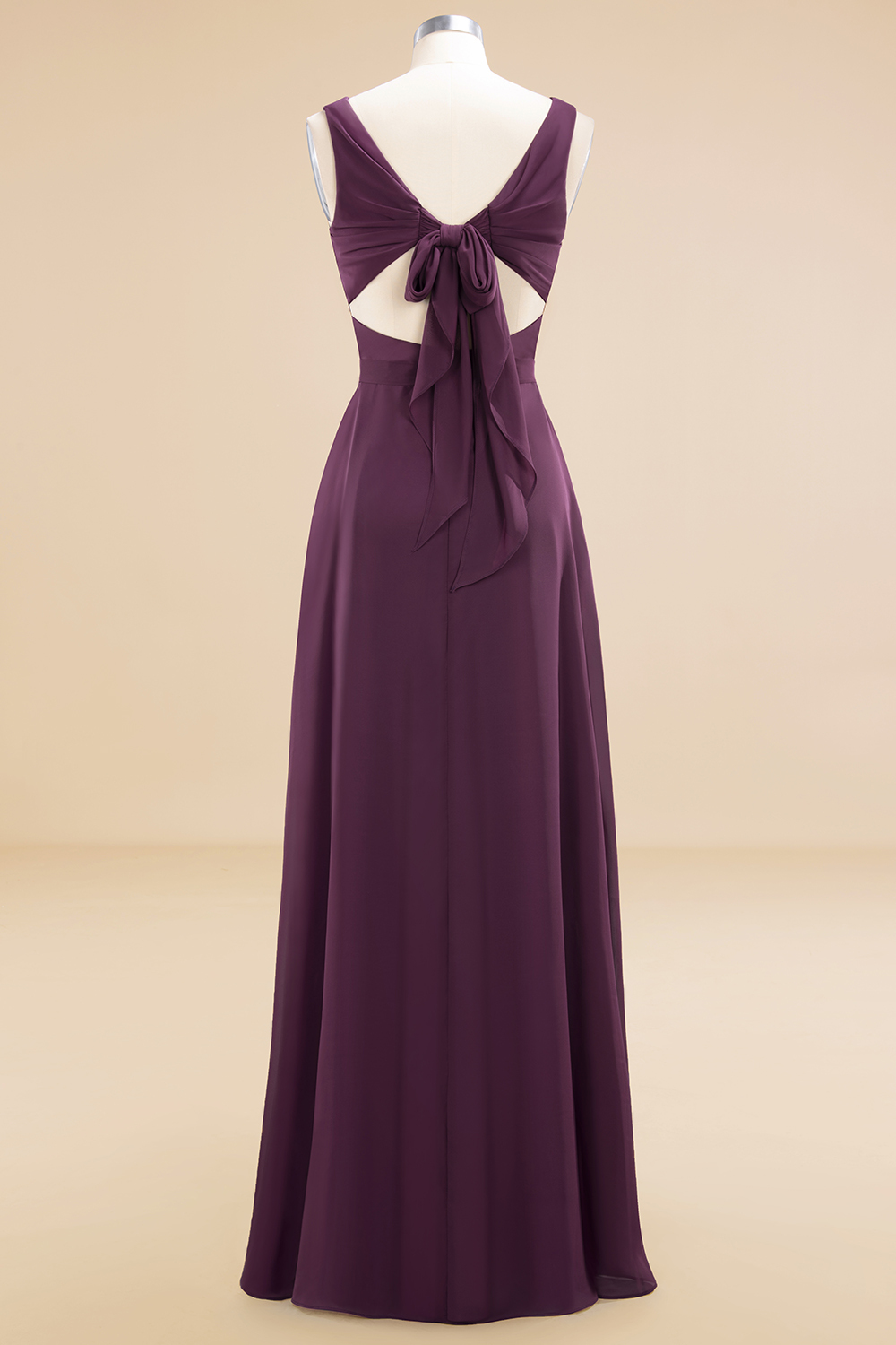 BMbridal Affordable V-Neck Ruffle Long Grape Chiffon Bridesmaid Dress with Bow-BMbridal