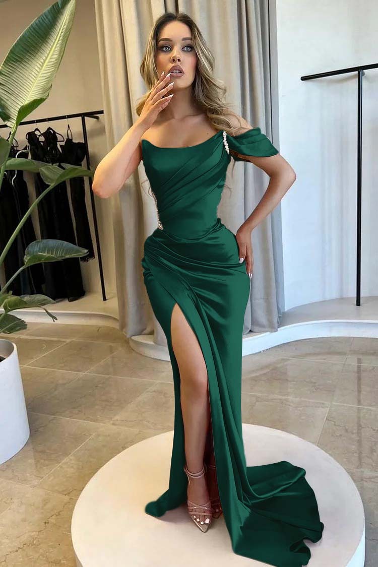 Strapless One Shoulder Long Mermaid Prom Dress With Split Beading