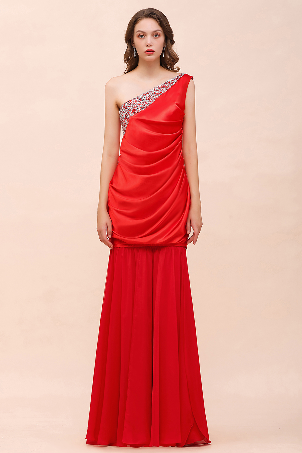 BMbridal Chic One Shoulder Beading Ruffle Red Bridesmaid Dress with Detachable Skirt-BMbridal