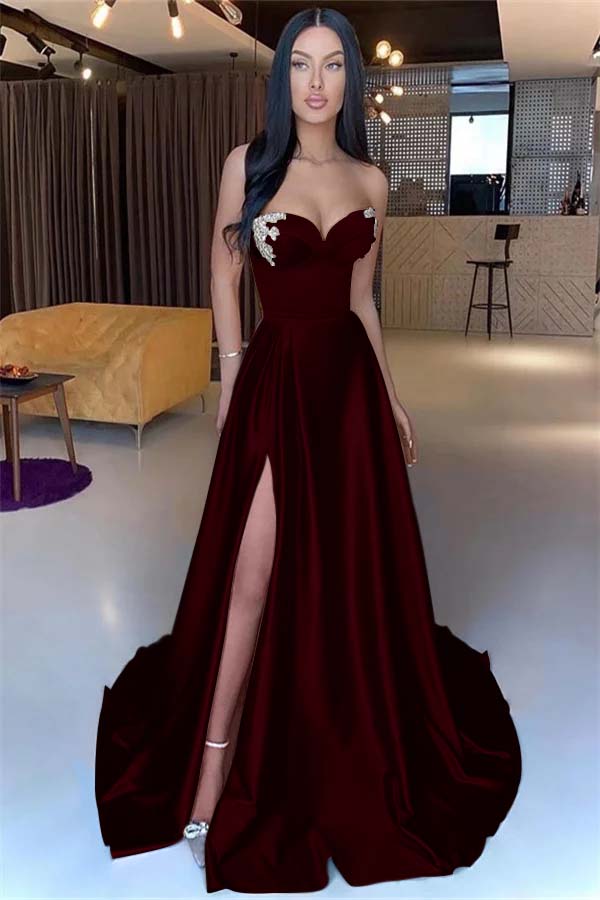 Sweetheart Yellow Strapless Mermaid Beadings Long Prom Dress With Split