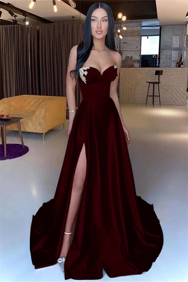 Sweetheart Yellow Strapless Mermaid Beadings Long Prom Dress With Split