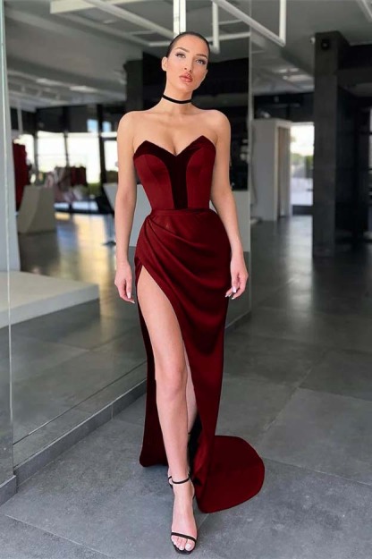 Strapless Sleeveless Long Mermaid Prom Dress With Split Pleated