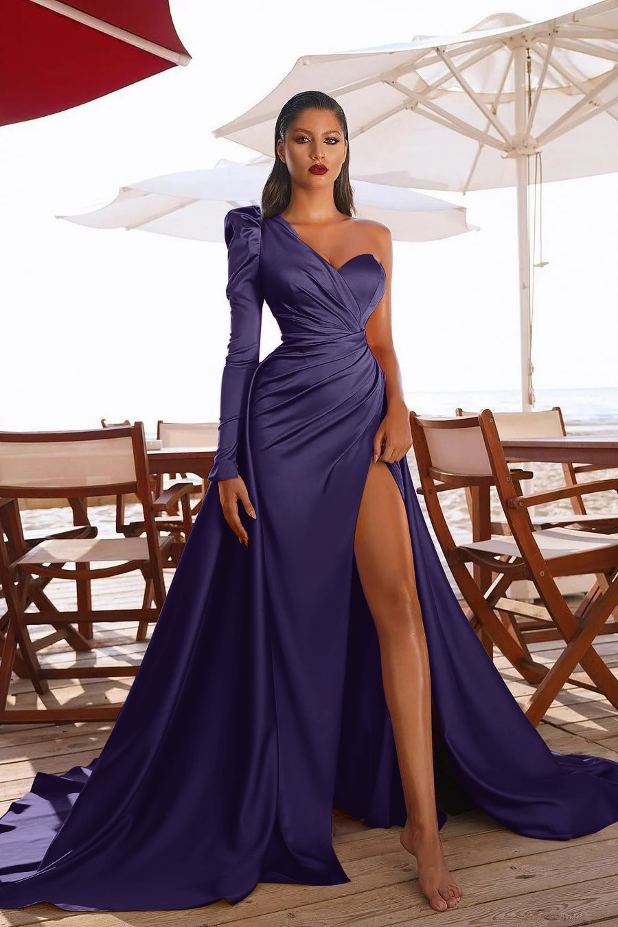 Glamorous One Shoulder Long Sleeve Long Pleated Prom Dress With High Split