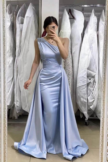 Light Blue Sleeveless Mermaid One Shoulder Long Prom Dress With Detachable Skirt