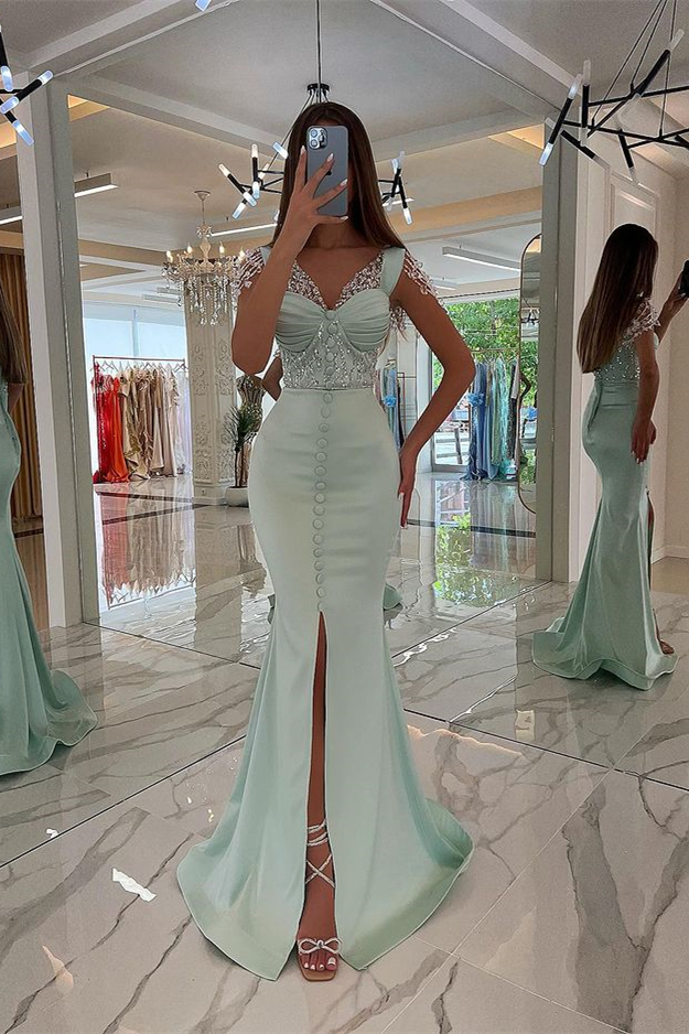 Amazing Mint Green Cap Sleeves Prom Dress Long Front Slit With Buttons Beads