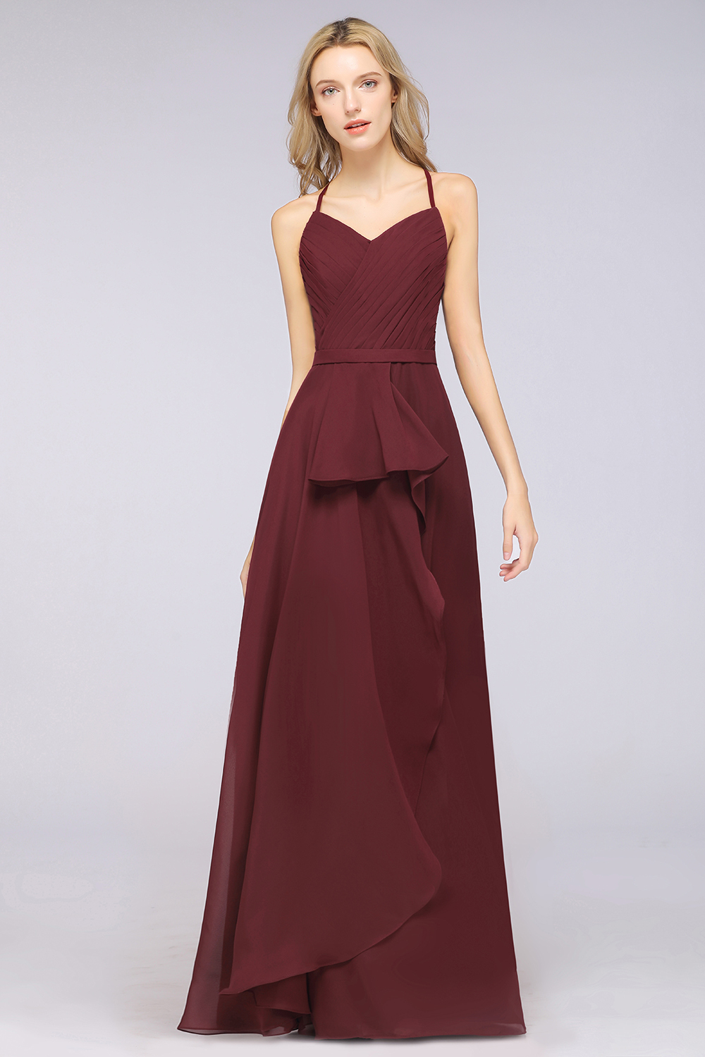 BMbridal Affordable Chiffon Halter V-Neck Ruffle Burgundy Bridesmaid Dresses-BMbridal