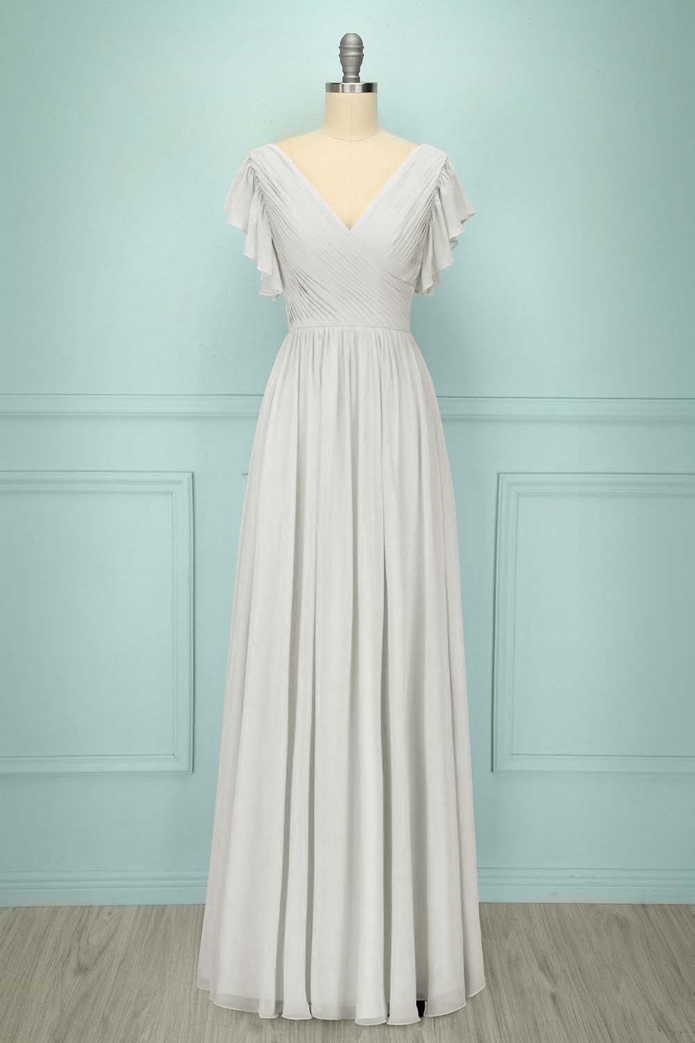 Chiffon V Neck Sleeveless Long Prom Dress With Pleated Ruffle