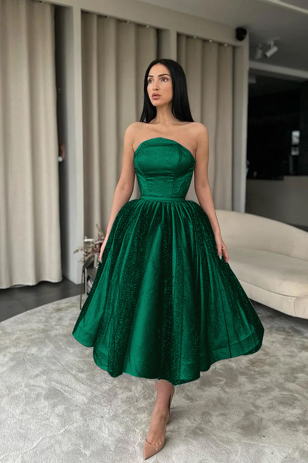 Black Tulle Strapless Sleeveless Tea Length A Line Prom Dress