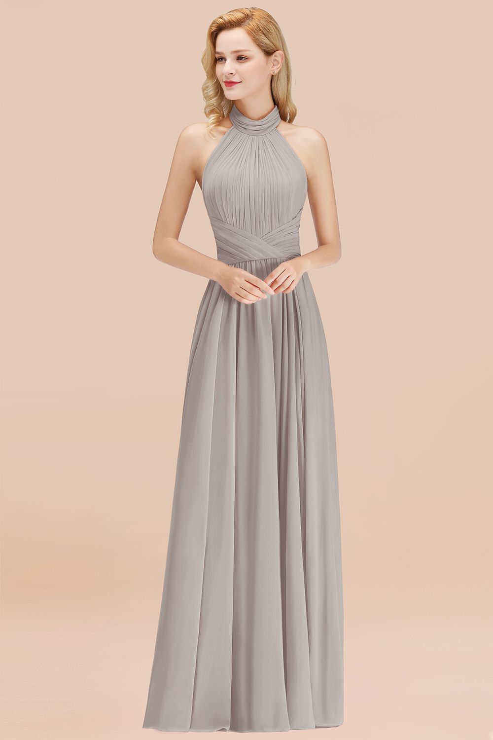 BMbridal Gorgeous High-Neck Halter Backless Bridesmaid Dress Dusty Rose Chiffon Maid of Honor Dress-BMbridal