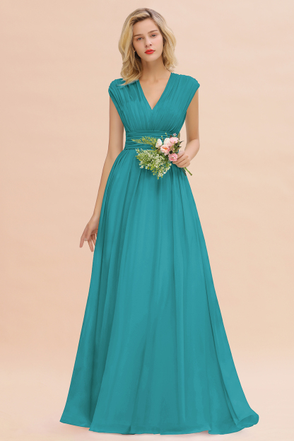 BMbridal Elegant Chiffon V-Neck Ruffle Long Bridesmaid Dresses Affordable-BMbridal