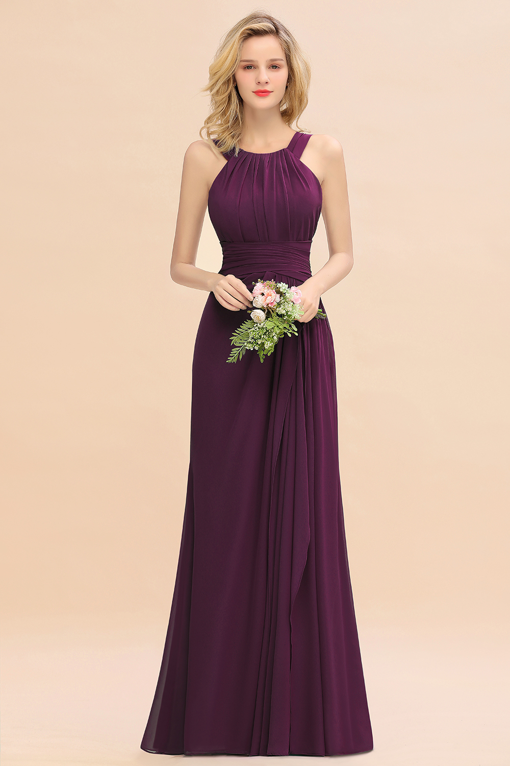 BMbridal Elegant Round Neck Sleeveless Bridesmaid Dress with Ruffles-BMbridal