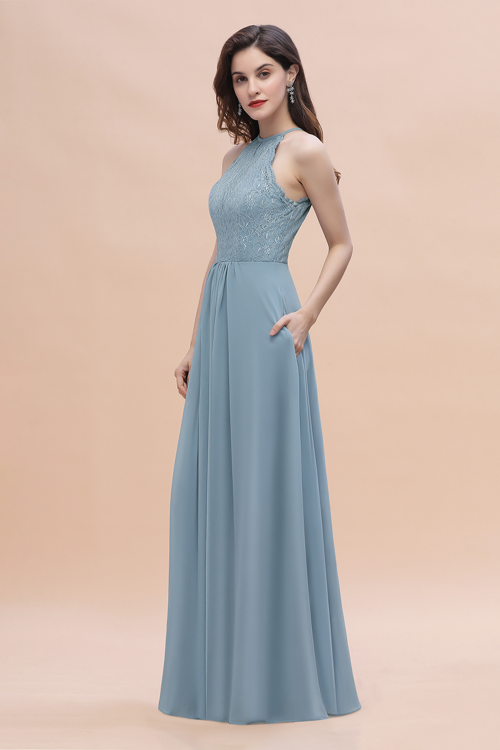 BMbridal Elegant Jewel Lace Appliques Dusty Blue Chiffon Bridesmaid Dress On Sale-BMbridal