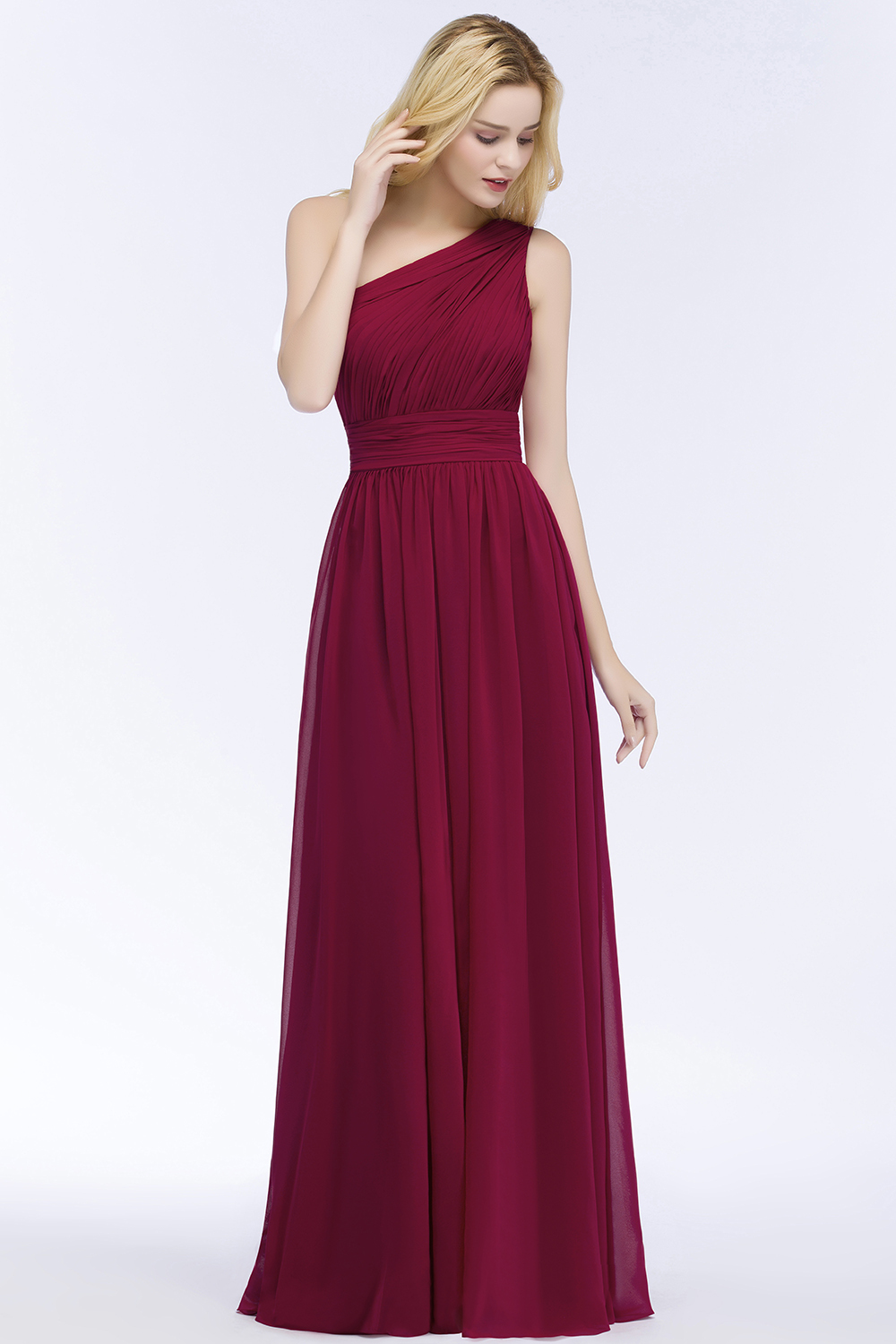 BMbridal Chic One-shoulder Sleeveless Burgundy Chiffon Bridesmaid Dresses Online-BMbridal